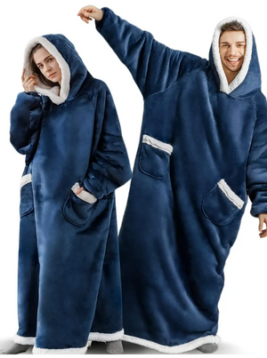 Solid BLUE Long Sleeve Plus Size Oversized Hooded Flannel Wearable Blanket With Pockets