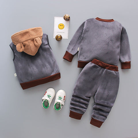 Image of 3in1 Set, Flannel Hooded Vest & Jogger Pants Set, Toddler Kid's Clothes Thermal Velvet Outfit