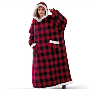 PLAID RED Long Sleeve Plus Size Oversized Hooded Flannel Wearable Blanket With Pockets