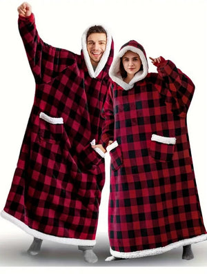 PLAID RED Long Sleeve Plus Size Oversized Hooded Flannel Wearable Blanket With Pockets