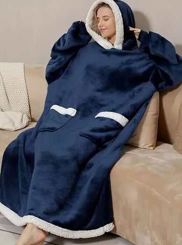 Image of Solid BLUE Long Sleeve Plus Size Oversized Hooded Flannel Wearable Blanket With Pockets