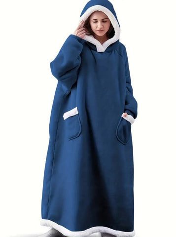 Image of Solid BLUE Long Sleeve Plus Size Oversized Hooded Flannel Wearable Blanket With Pockets