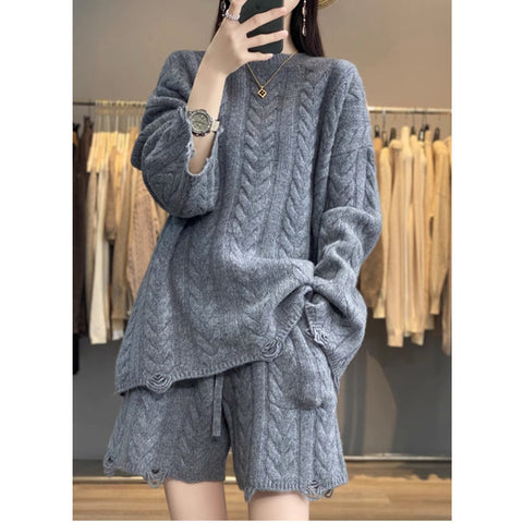 Image of Two-piece set high-waist Knitted shorts and Lazy style Loose cashmere Sweater - ONE SIZE ONLY