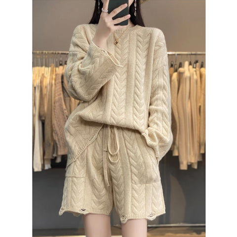 Image of Two-piece set high-waist Knitted shorts and Lazy style Loose cashmere Sweater - ONE SIZE ONLY