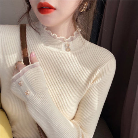 Image of Half Turtleneck Lace Shirt for Women Autumn and Winter - ONE SIZE