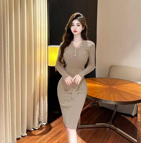 Image of V-neck Knitted Buttons Long sleeve Dress with Belt - One size only