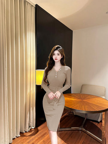 Image of V-neck Knitted Buttons Long sleeve Dress with Belt - One size only